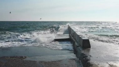 Odessa, Ukraine 08.02.2023. The coast of the Black Sea on Lanzheron beach in Odessa, Ukraine, on a sunny winter day
