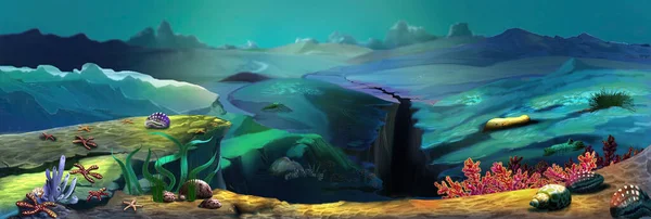 Ocean floor with seaweed and corals. Digital Painting Background, Illustration.