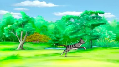 Domestic Gray tabby cat on the forest glade at day. Handmade animated looped 4K footage.