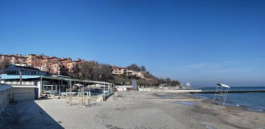 Odessa, Ukraine 10.02.2023. Golden beach in Odessa on a sunny winter day