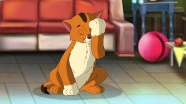 Little red tabby kitten washes himself in a room. Handmade animated looped HD footage