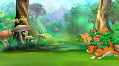 Red tabby kitten plays with a butterfly in a garden on a sunny day. Handmade animated looped HD footage