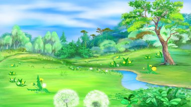 Blooming dandelions in a clearing by the river on a sunny spring day. Digital Painting Background, Illustration.