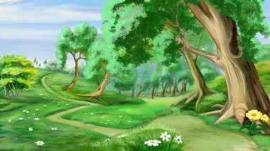 Path in the forest on a summer day. Digital Painting Background, Illustration.