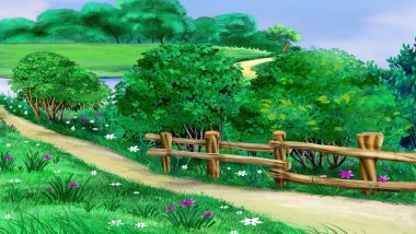 Dirt road in the village on a sunny summer day. Digital Painting Background, Illustration.