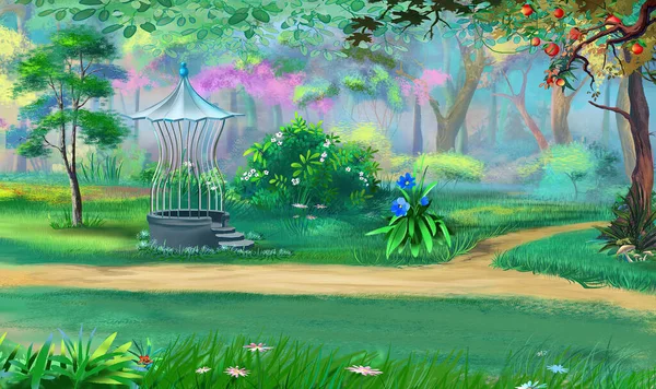 Gartenlaube Einem Blühenden Sommergarten Digitale Malerei Hintergrund Illustration — Stockfoto