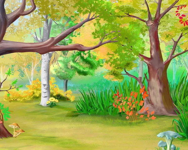 Flowers and mushrooms in the autumn forest. Digital Painting Background, Illustration.