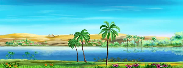 Palmy Řece Nilu Egyptě Slunečného Dne Digitální Malba Pozadí Ilustrace — Stock fotografie