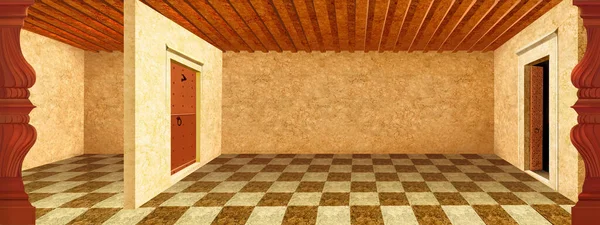 Interior Aula Kosong Dengan Lantai Catur Latar Belakang Lukisan Digital Stok Gambar