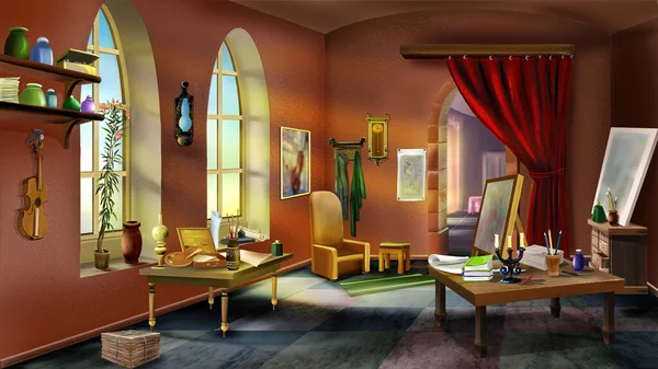 Interior Vintage Estúdio Artista Renascentista Pintura Digital Fundo Ilustração Imagens Royalty-Free