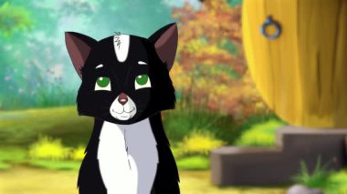 Bir evin yakınında miyavlayan siyah kedi yavrusu. El yapımı animasyon döngüsü 4K görüntü 