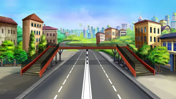 Pedestrian Bridge Road City Sunny Day Digital Painting Background Illustration — Stock Photo, Image