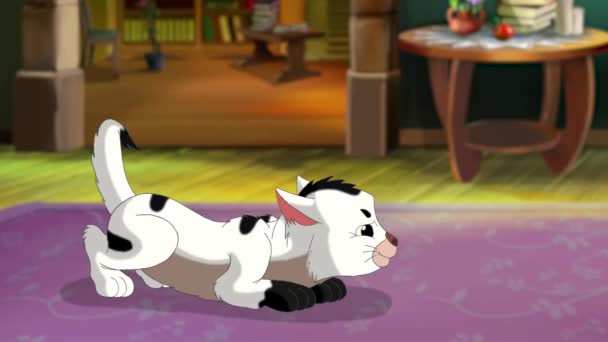 小さな白い子猫は怒って部屋に忍び込む 手作りアニメーションループHd映像 — ストック動画