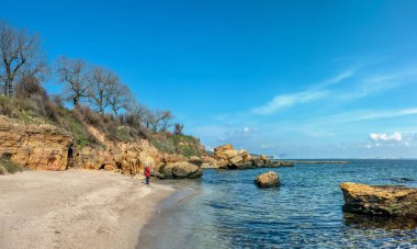 Odessa, Ukrayna 04.08.2023. Karadeniz kıyısında Odessa, Ukrayna 'daki Wild Beach' te güneşli bir bahar gününde