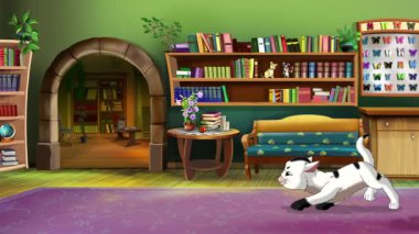 Beyaz kedi yavrusu odada dolaşıyor. El yapımı animasyon döngüsü 4K görüntü 