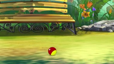 Güneşli bir günde beyaz kedi yavrusu bahçede topla oynar. El yapımı animasyon döngüsü 4K görüntü