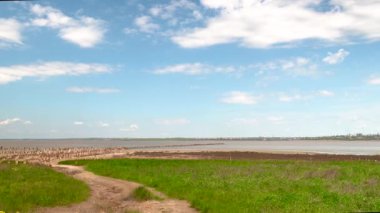 Ukrayna 'nın Odessa kentindeki kurumuş Kuyalnik gölünün kıyısında, güneşli bir bahar günü 4K