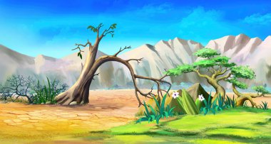 Güneşli bir günde, dağların eteklerinde bitkilerle Afrika savanasının manzarası. Dijital Boyama Arkaplanı, Resimler.