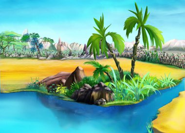 Güneşli bir günde Afrika vahasında küçük bir nehrin kıyısındaki palmiye ağaçları. Dijital Boyama Arkaplanı, Resimler.