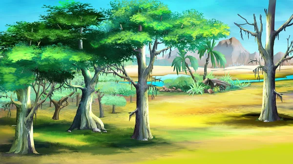 Paisagem Com Grandes Árvores Acácia Savana Africana Dia Ensolarado Pintura — Fotografia de Stock