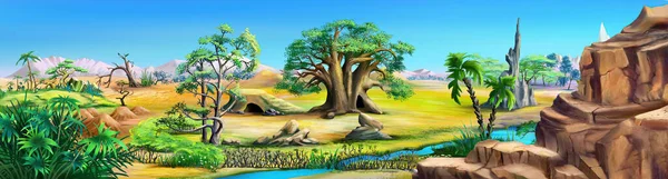 Krajobraz Afrykańskiej Sawanny Dużymi Drzewami Małą Rzeką Słoneczny Dzień Cyfrowe — Zdjęcie stockowe
