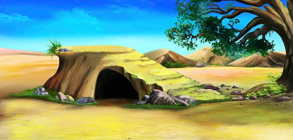 Σπήλαιο Στο Βράχο Στην Αφρικανική Σαβάνα Μια Ηλιόλουστη Μέρα Ψηφιακή — Φωτογραφία Αρχείου
