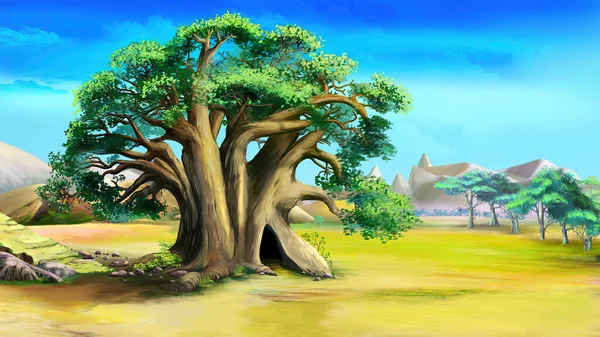 Krajobraz Afrykańskiej Sawanny Dużym Drzewem Słoneczny Dzień Cyfrowe Tło Malarstwa — Zdjęcie stockowe
