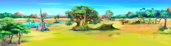 Пейзаж Большим Деревом Африканской Саванне Солнечный День Цифровая Живопись Фон — стоковое фото