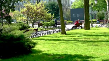 Odessa, Ukrayna 11.05.2023. Ukrayna 'nın Odessa kentindeki şehir parkı, güneşli bir bahar günü 4K