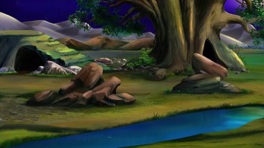 Büyük bir kaya ve mağara, ay ışığında Afrika savanasında küçük bir nehrin yanında. Dijital Boyama Arkaplanı, Resimler.