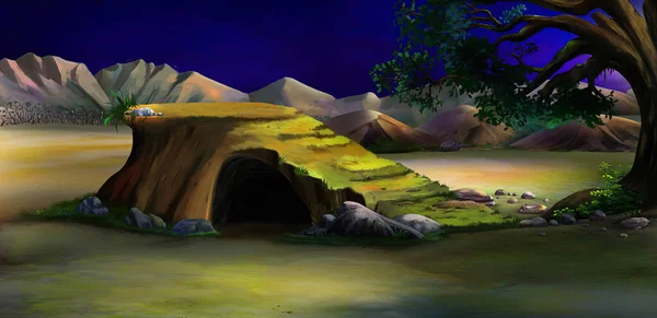 Cueva Roca Sabana Africana Una Noche Luna Fondo Pintura Digital — Foto de Stock