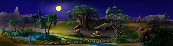 Landskap Den Afrikanska Savannen Med Stora Träd Och Liten Flod — Stockfoto