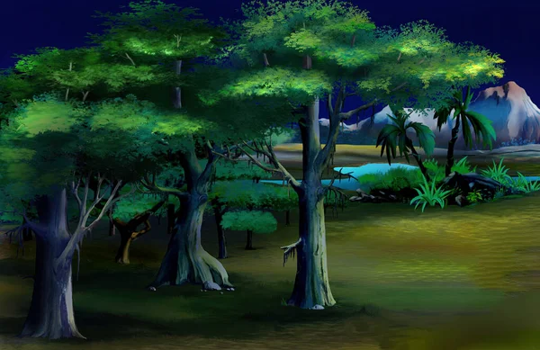 在明月当空的夜晚 在非洲热带草原上与高大的橡胶树相映成趣 数码绘画背景 — 图库照片