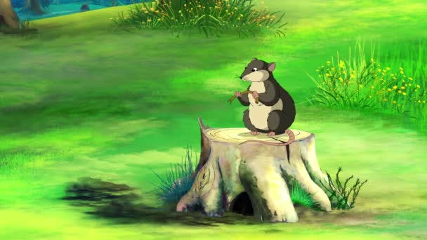 フィールドマウスは夏の日に自然の中で座って食べます ハンドメイドアニメーションループHd映像 — ストック動画