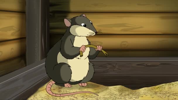 マウスは納屋に座って食べる ハンドメイドアニメーションループ4K映像 — ストック動画