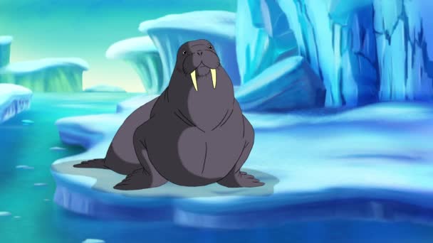 Ένας Μεγάλος Μαύρος Θαλάσσιος Ίππος Κάθεται Ένα Παγόβουνο Χειροποίητο Κινούμενο — Αρχείο Βίντεο