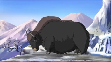 Büyük siyah bir öküz kar kaplı dağların arka planında duruyor. El yapımı döngü HD görüntüler