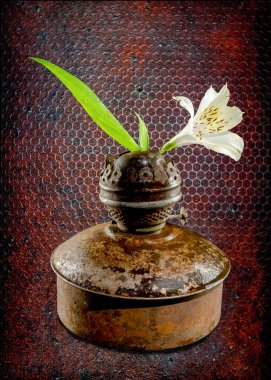 A close-up of an antique, rusted oil lamp adorned with a single white Alstroemeria flower and green leaves, set against a dark background. The contrast between the aged metal and the fresh bloom captures a harmonious blend of industrial and natural a clipart