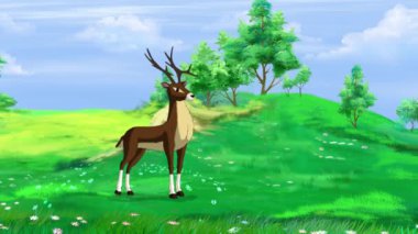 Ormanda zarif bir şekilde yürüyen boynuzlu bir geyik. El yapımı animasyon döngüsü 4K görüntü