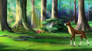 Ormanda zarif bir şekilde yürüyen boynuzlu bir geyik. El yapımı animasyon döngüsü 4K görüntü