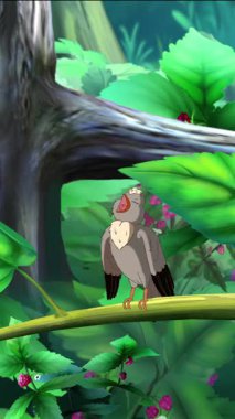 Canlı yeşil yapraklar ve kırmızı böğürtlenler arasında bir dalda öten bir kuşun yer aldığı 2D bir animasyon sahnesi. Doğa temalı projeler için mükemmel