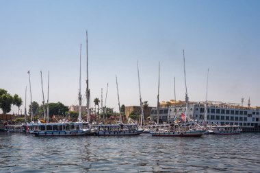 Luxor, Mısır - 27.07.2025. Geleneksel Felucca yelkenli tekneleri ve diğer tur tekneleri Nil Nehri 'ndeki kalabalık bir rıhtıma yanaştı, turistler için hazırlar.
