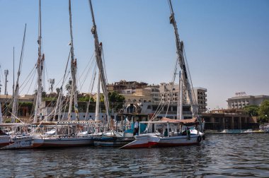 Luxor, Mısır - 27.07.2025. Geleneksel Felucca yelkenli tekneleri ve diğer tur tekneleri Nil Nehri 'ndeki kalabalık bir rıhtıma yanaştı, turistler için hazırlar.