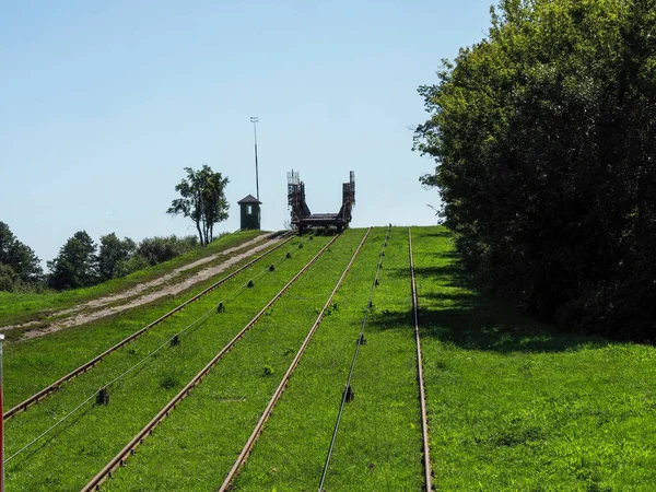 Elbing Polen Berühmter Eisenbahntransport Auf Dem Schiff Zwischen Den Kanälen — Stockfoto