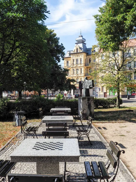 Stettin Polen Steintische Mit Eingelegten Schachbrettern — Stockfoto