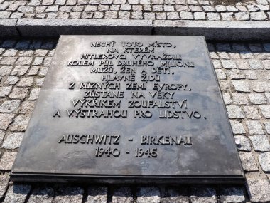 Auschwitz-Birkenau, Poland - July 31, 2017: Tables of condolences from different world nations
