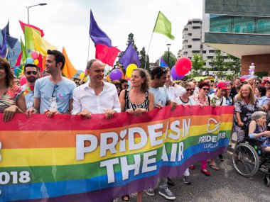 Lugano, Switzerland - June 2, 2018: Pride Lugano 2018. Public event for homosexual rights with a parade on the lakeside of the city.