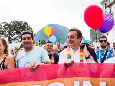 Lugano, Switzerland - June 2, 2018: Pride Lugano 2018. Public event for homosexual rights with a parade on the lakeside of the city.