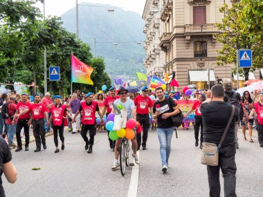 Lugano, Switzerland - June 2, 2018: Pride Lugano 2018. Public event for homosexual rights with a parade on the lakeside of the city.
