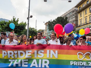 Lugano, Switzerland - June 2, 2018: Pride Lugano 2018. Public event for homosexual rights with a parade on the lakeside of the city.